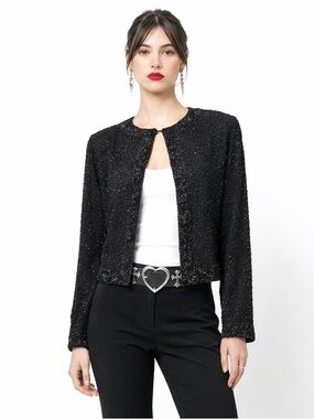 Vintage Stenay Beaded Sequin Jacket Petite M Black Silk Whimsigoth Evening